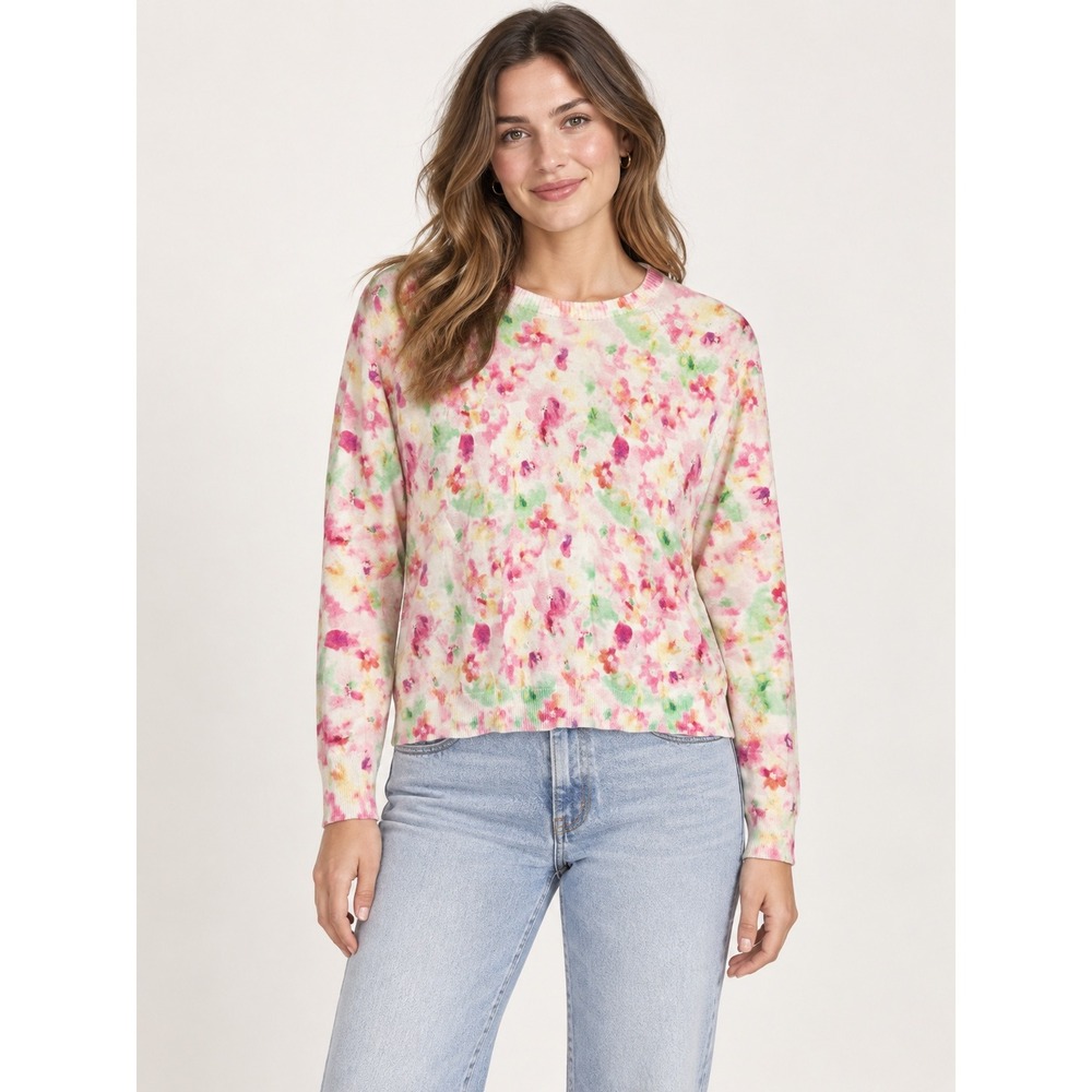 Kokun Womens Watercolor Floral Cotton Crewneck Sweater Pink Green White M NWT